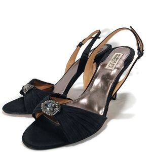 BADGLEY MISCHKA SIZE 10 SLINGBACK PUMPS OMA BLACK SATIN JEWELS DRESS UP PROM